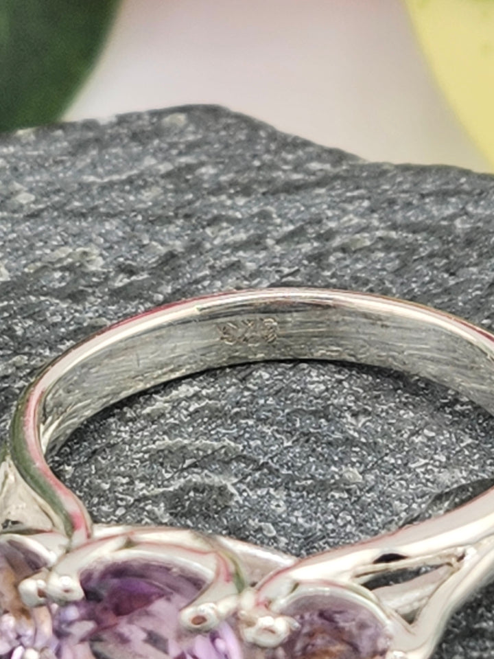 Three Stone Amethyst and 925 Sterling Silver Ring - Size 5.5