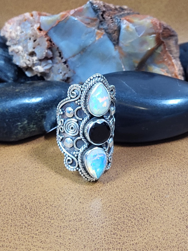 Natural Black Onyx and Ethiopian Opal Ring Size 5 -925 Sterling Silver