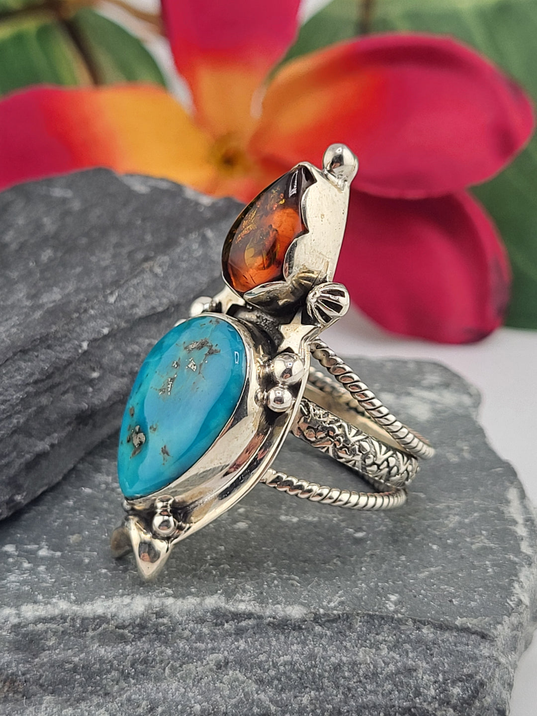 Turquoise & Baltic Amber Ring Size 9