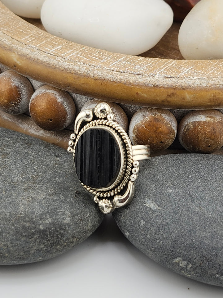 Raw Black Tourmaline 925 Sterling Silver Ring Size 7