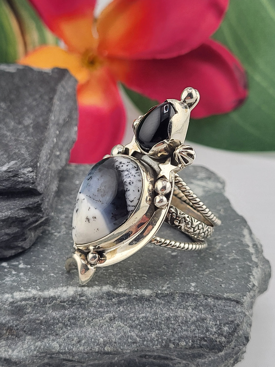 Dendritic Opal & Black Onyx Ring Size 8