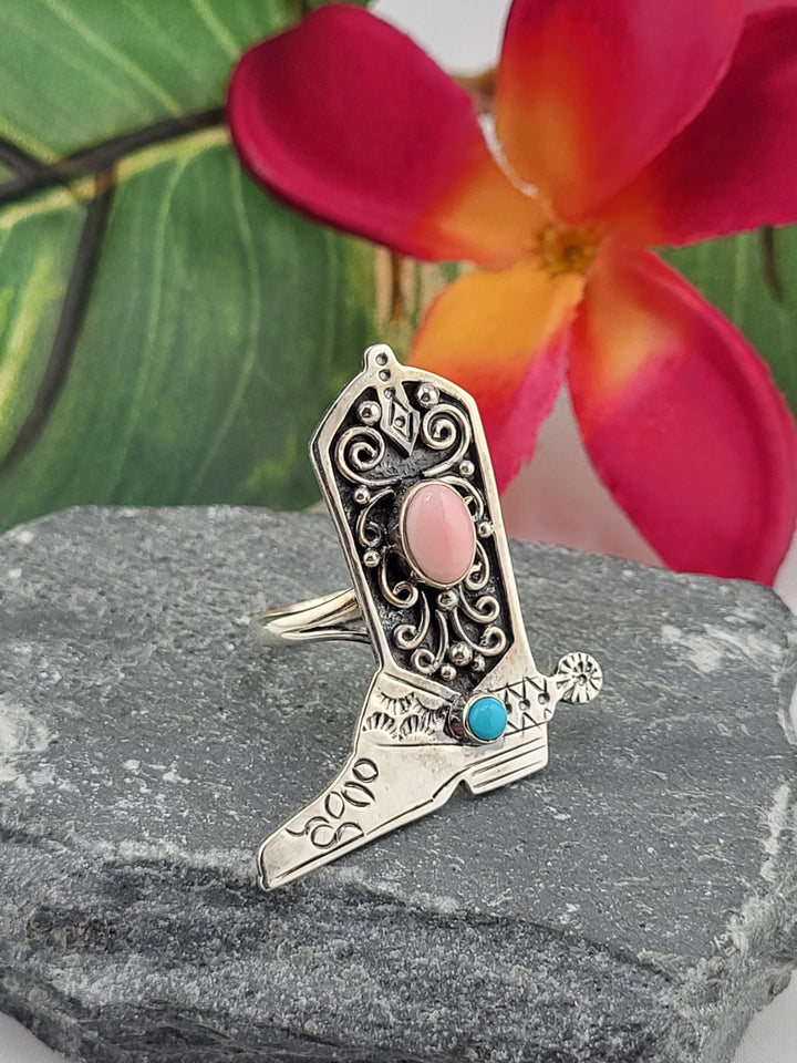 Queen Conch & Turquoise Cowboy Boot Ring Size 8