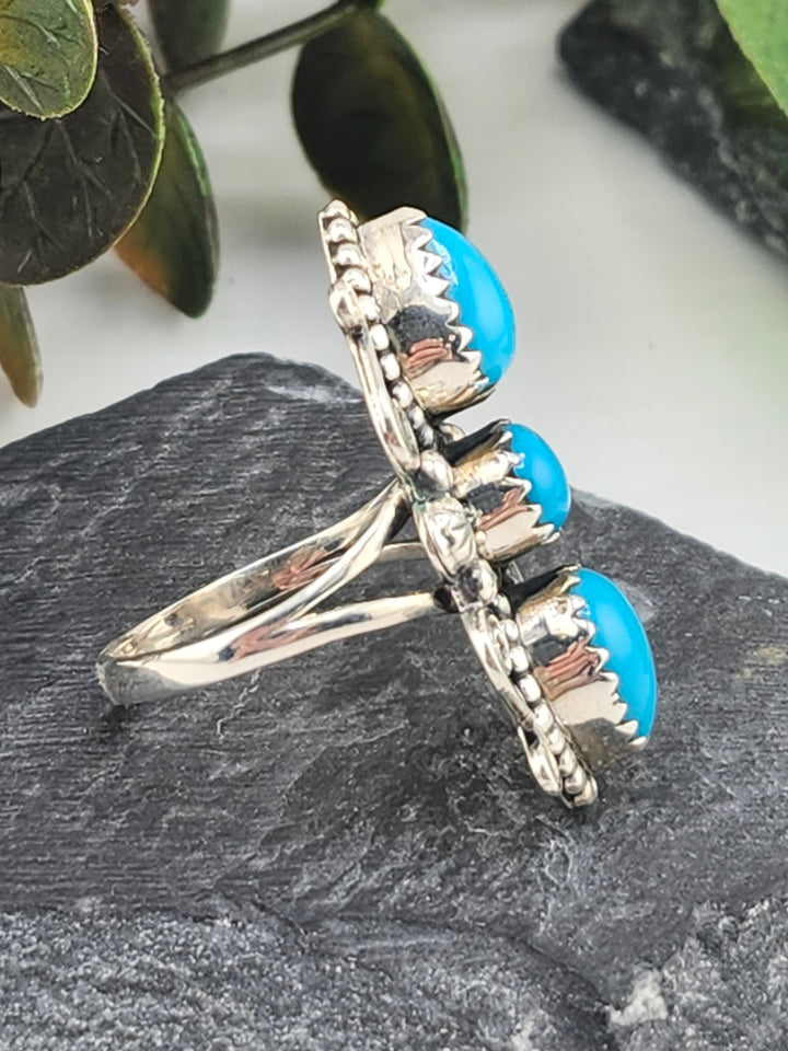 American Turquoise Triple Stone and 925 Sterling Silver Ring - Size 9