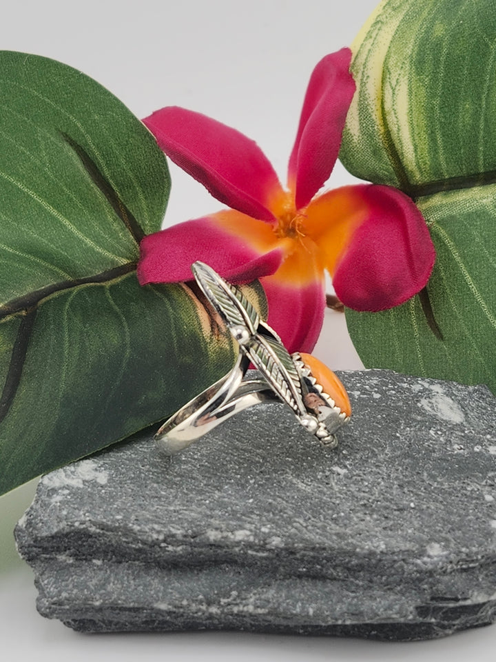 Orange Spiny Oyster Feather Ring Size 7