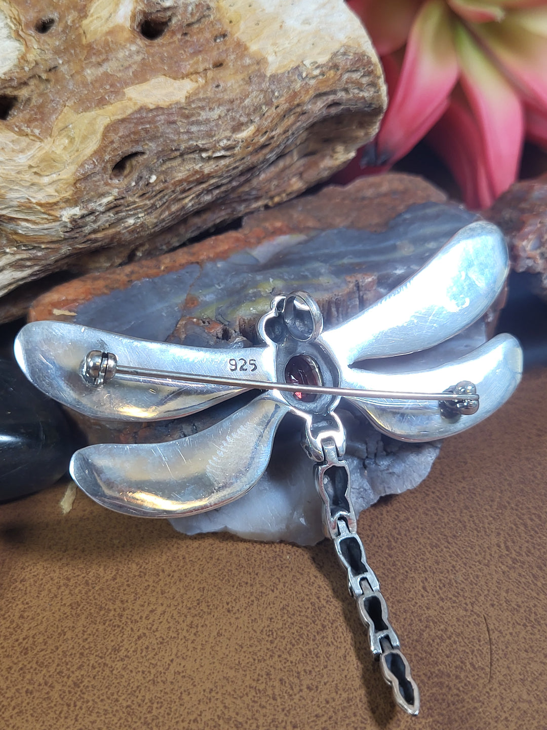 Narural Garnet 925 Sterling Silver Dragonfly with Articulated Tail Pin/Pendant -