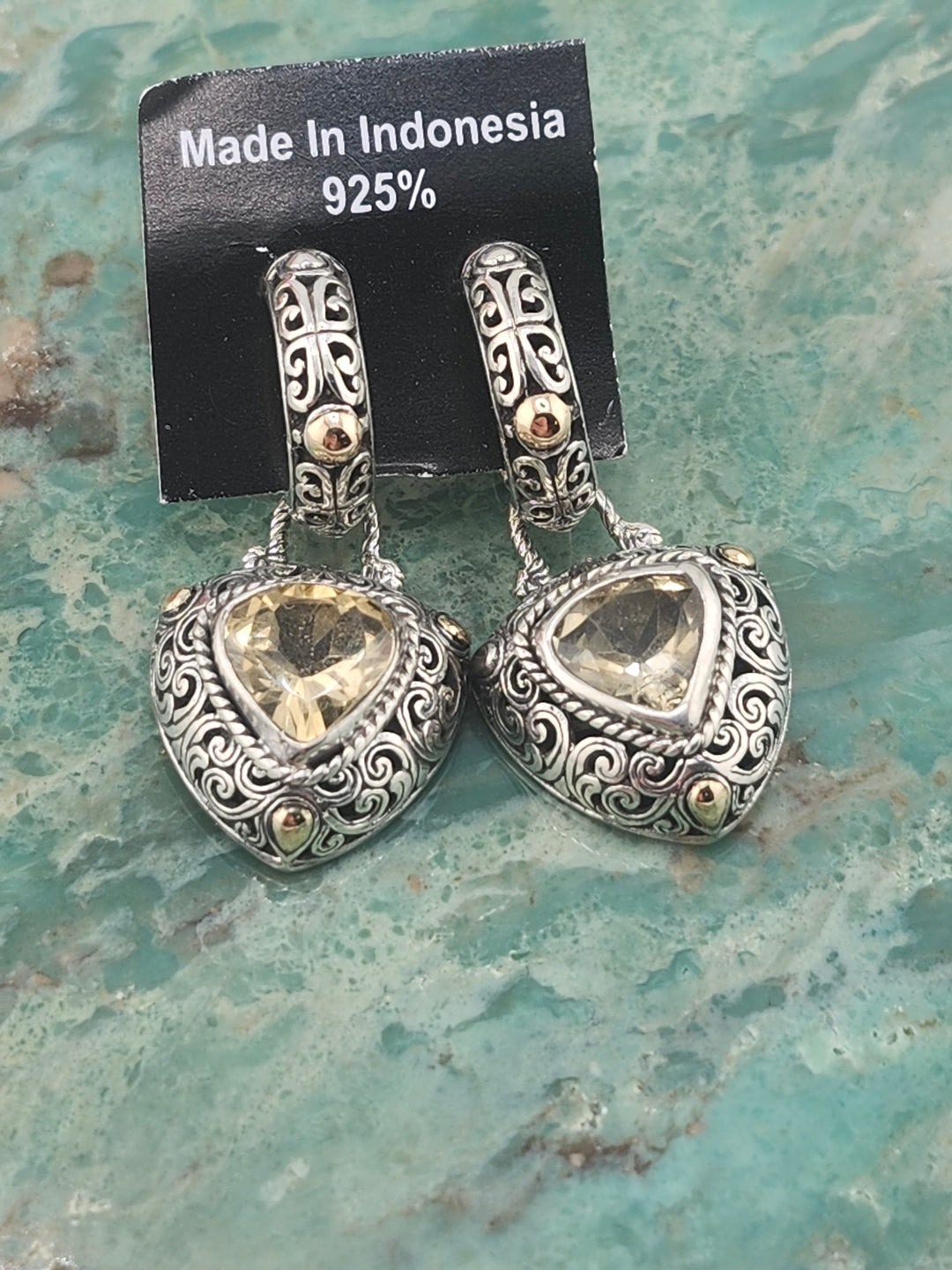 Bali 925 Sterling Silver/18k and Citrine Stud Dangle Earrings