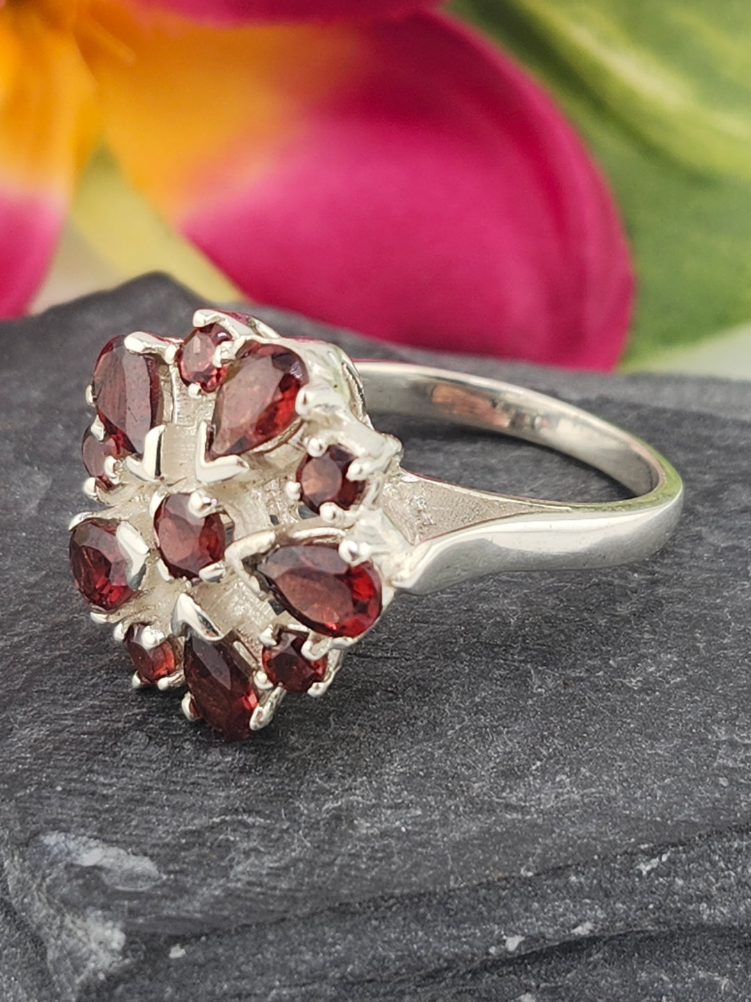 Cluster Garnet Flower Ring Size 8