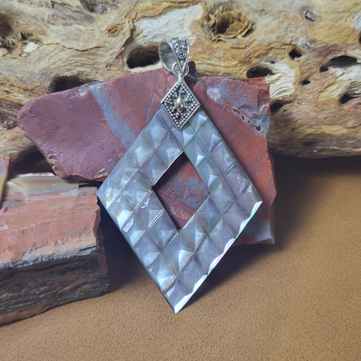 Natural Black Mother of Pearl 925 Sterling Silver Carved Pendant