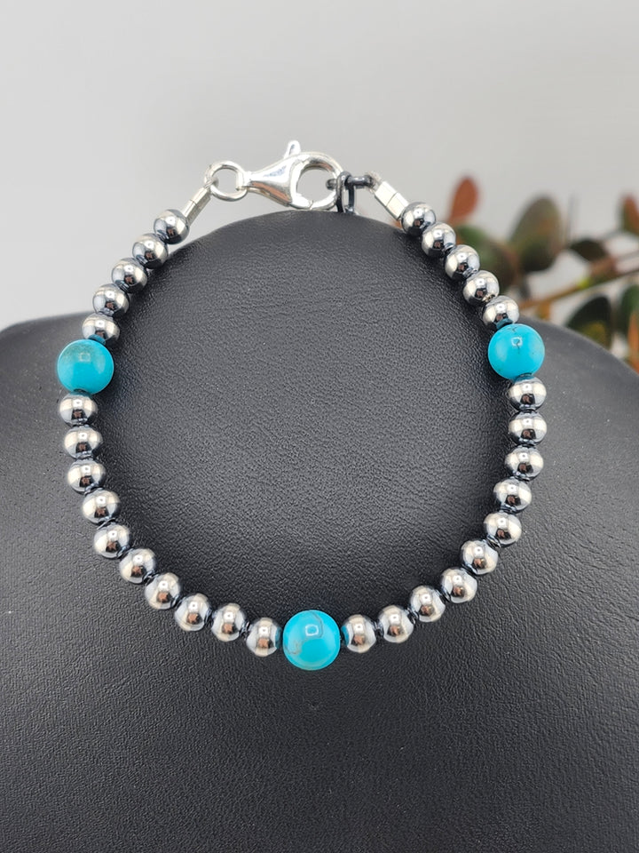 4mm and 6mm Kingman Turquoise and Oxidized 925 Sterling Silver Bead Bracelet - 6"+1"