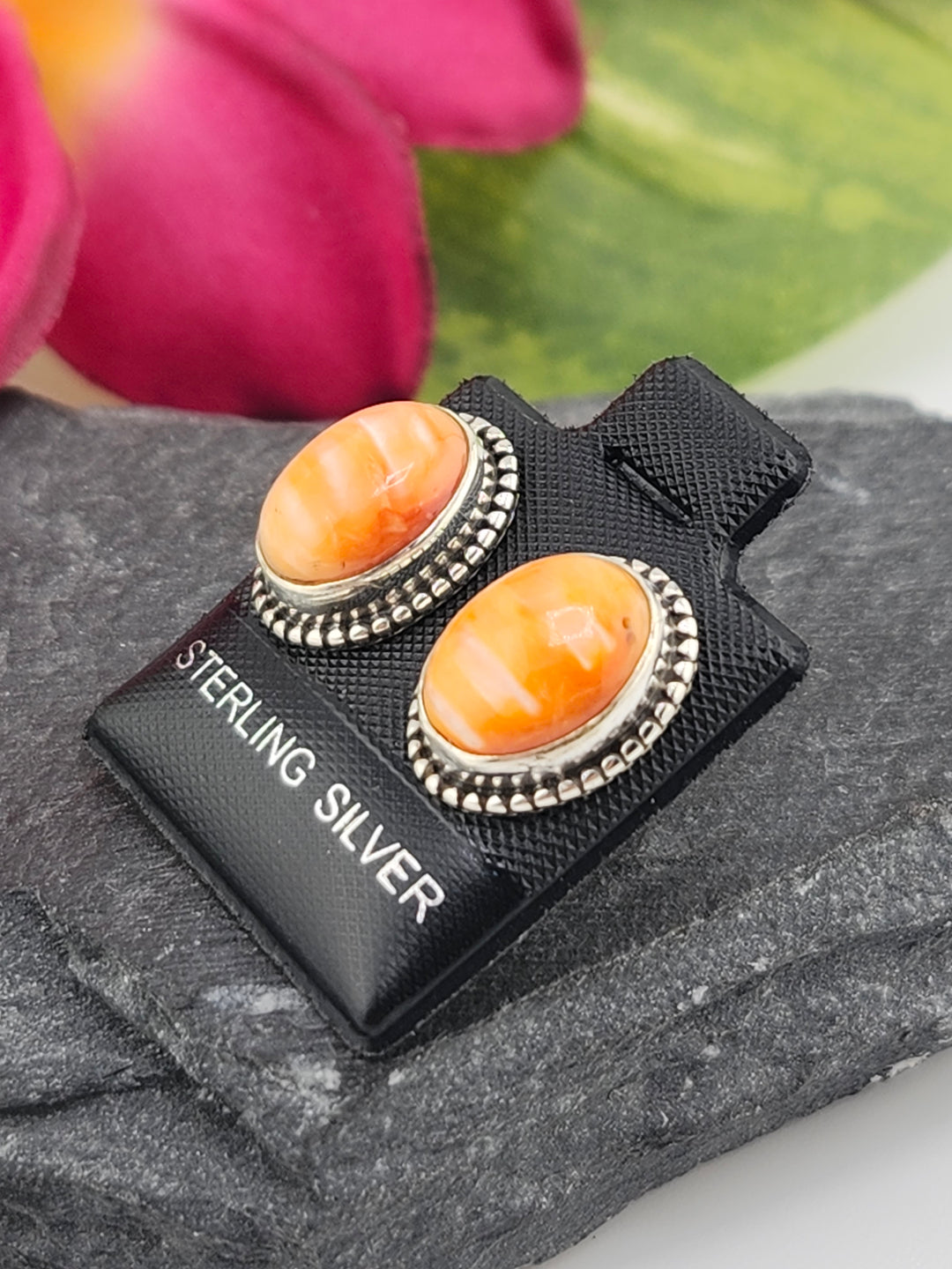 Orange Spiny Oyster Oval Stud Earrings