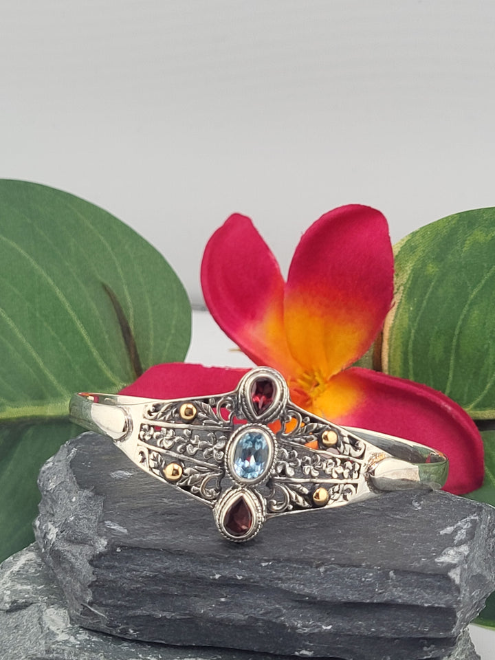 Garnet/Topaz/18k accented Bali 6.5" Cuff Bracelet