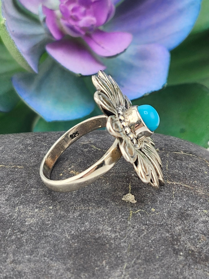 Kingman Turquoise and 925 Sterling Silver Flower Ring - Size 6.25