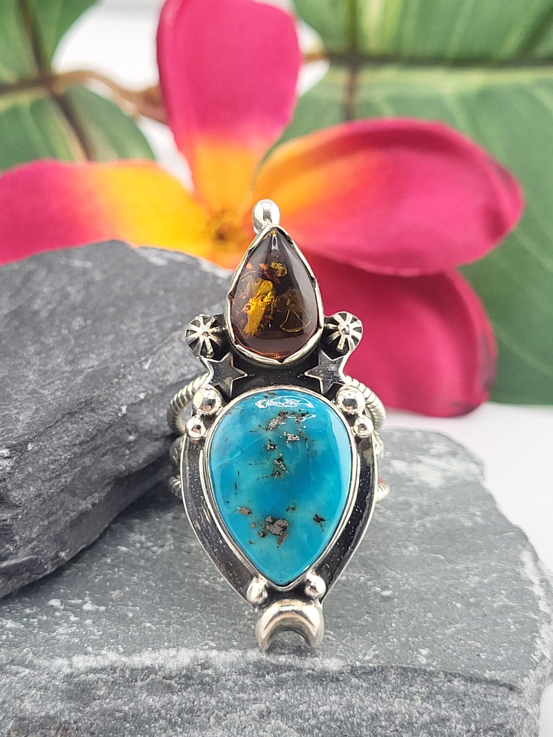 Turquoise & Baltic Amber Ring Size 9