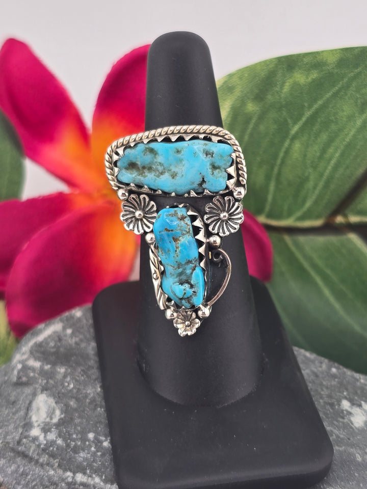 Double stone Kingman Turquoise sterling silver 925 ring size 7