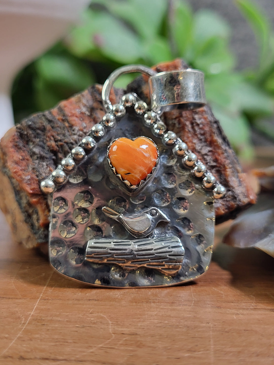 Natural Spiny Oyster Bird House Pendant 925 Sterling Silver