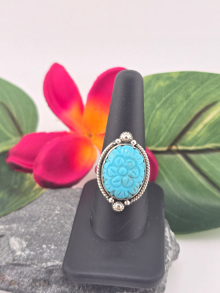 Carved American Turquoise sterling silver 925 ring size 9