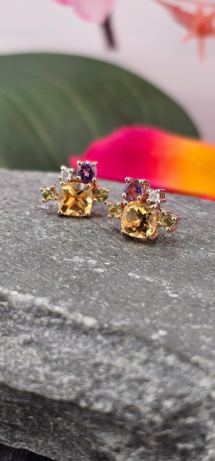 10k Rose Gold Natural Diamond and Gemstone Cluster Studs