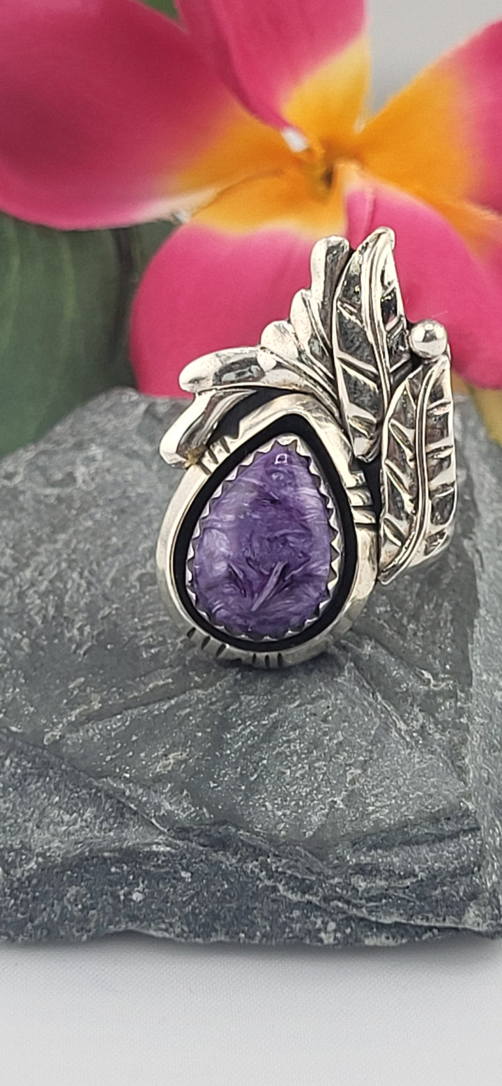 Charoite Teardrop & 925 Sterling Silver Leafs Ring Size 7