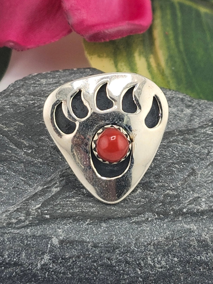 Italian Red Coral Bear Paw Print & 925 Sterling Silver Ring Size 9