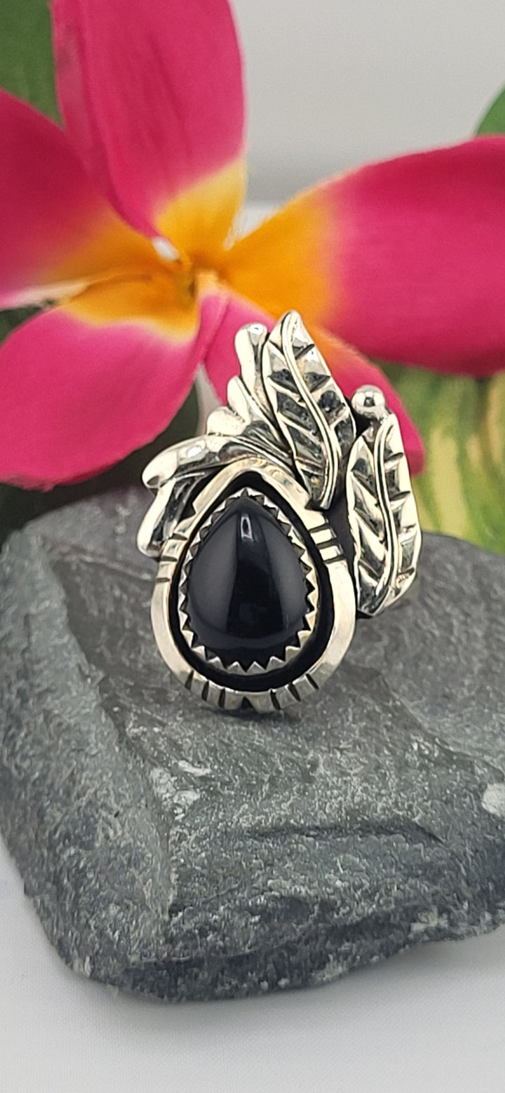 Onyx Teardrop 925 Sterling Silver Leafs Ring Size 7