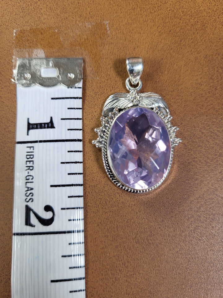 Natural Lavender Quartz 925 Sterling Silver Rose Cut Pendant - 1 1/2"