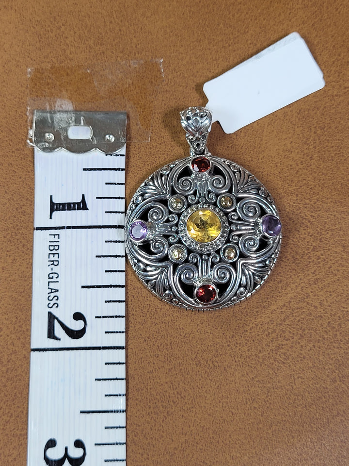 Citrine/Garnet/Amethyst/18K Accent 925 Sterling Silver Round Pendant - 1 3/4"