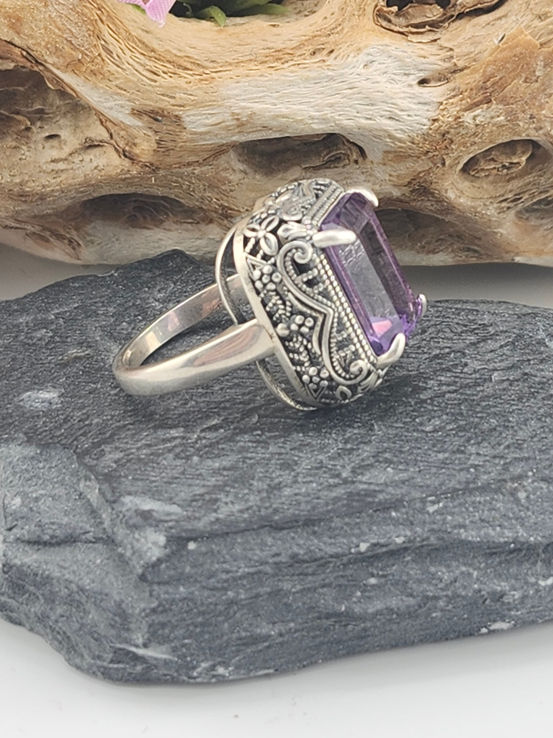 Sterling Floral Amethyst Cubic Ring