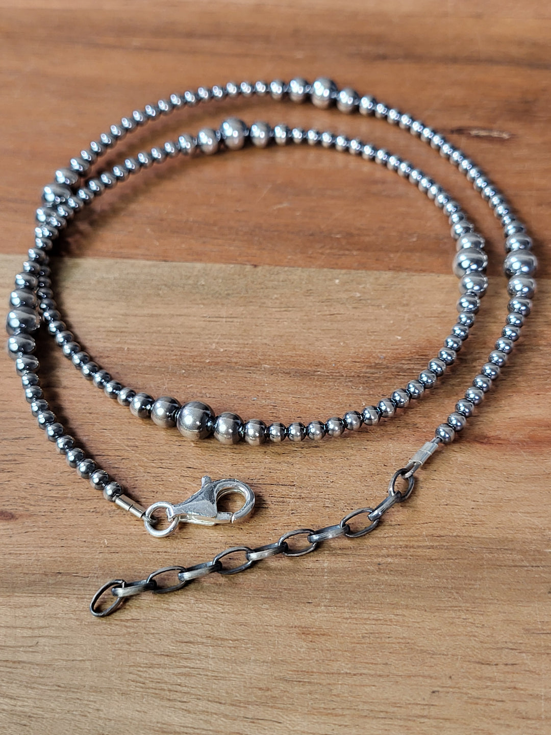 Oxidized Sterling Silver Graduated Bead Station Necklace 3‐6mm 20"+2" extension