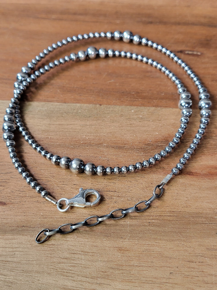 Oxidized Sterling Silver Graduated Bead Station Necklace 3‐6mm 20"+2" extension