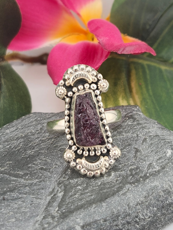 Raw Pink Tourmaline and 925 Sterling Silver Ring - Size 7