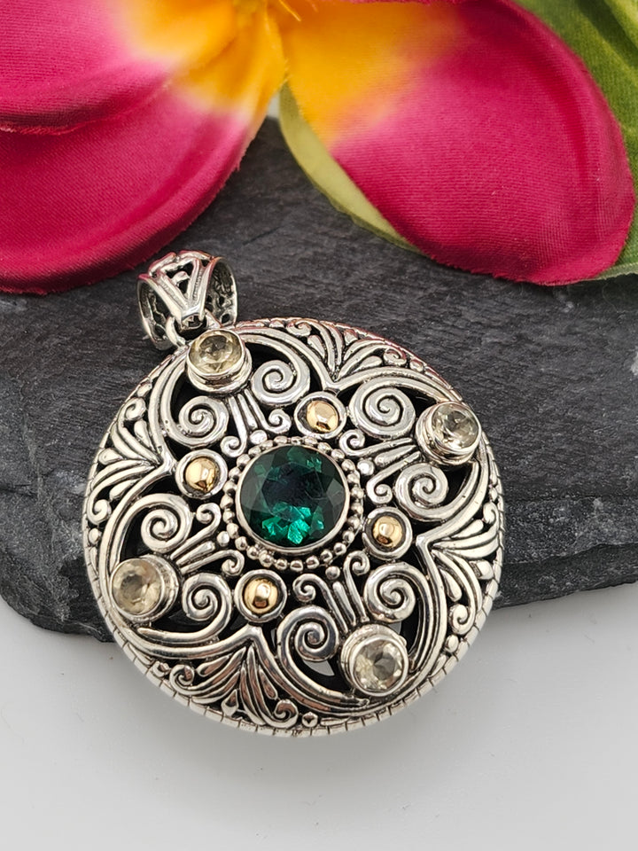 Green Quartz/Citrine & 18k Accented Bali Pendant