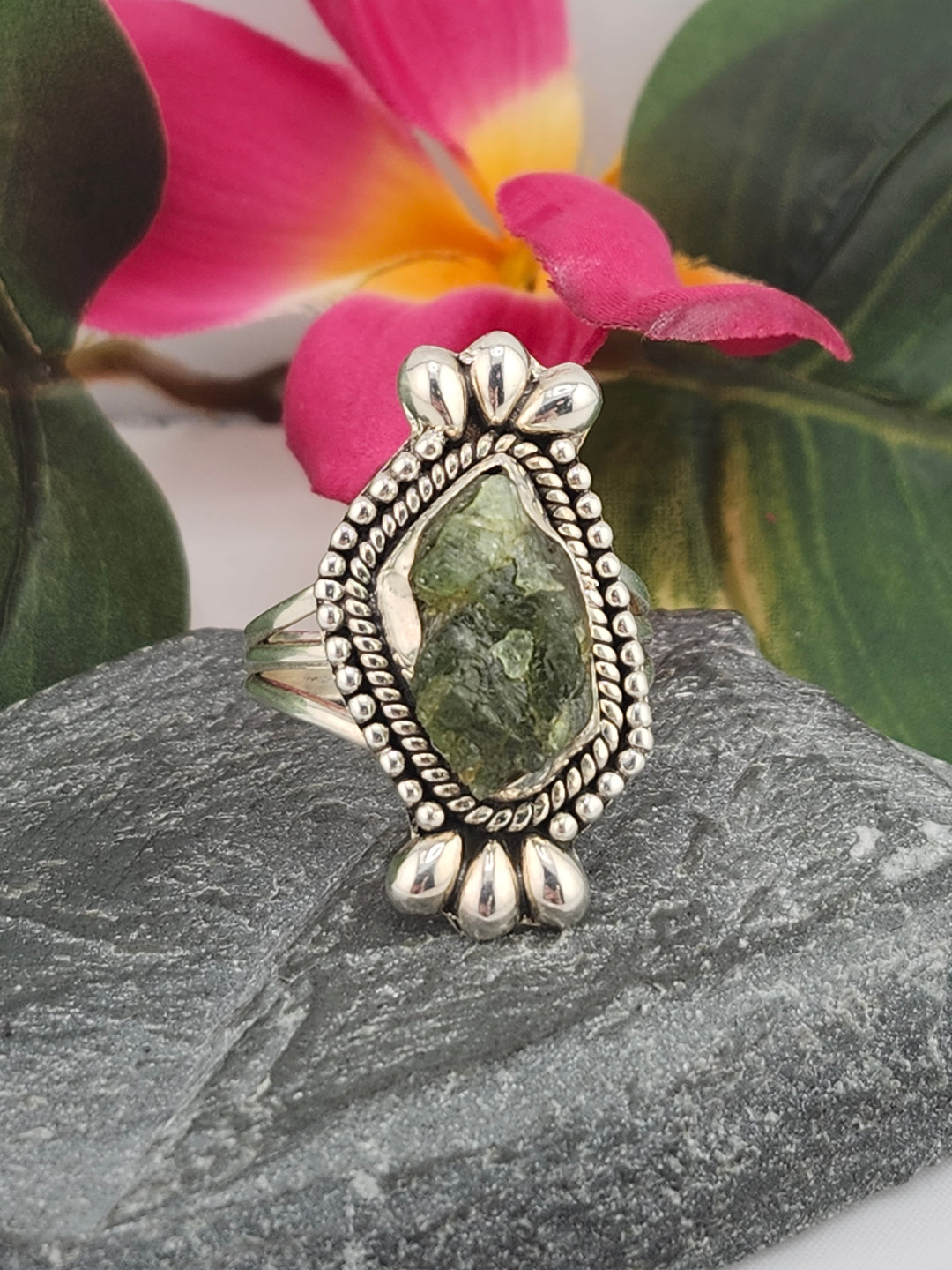 Raw Green Tourmaline and 925 Sterling Silver Ring - Size 11.25
