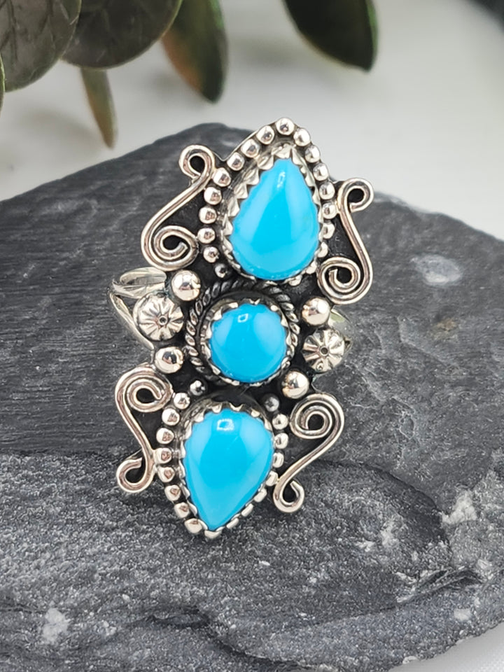 American Turquoise Triple Stone and 925 Sterling Silver Ring - Size 9