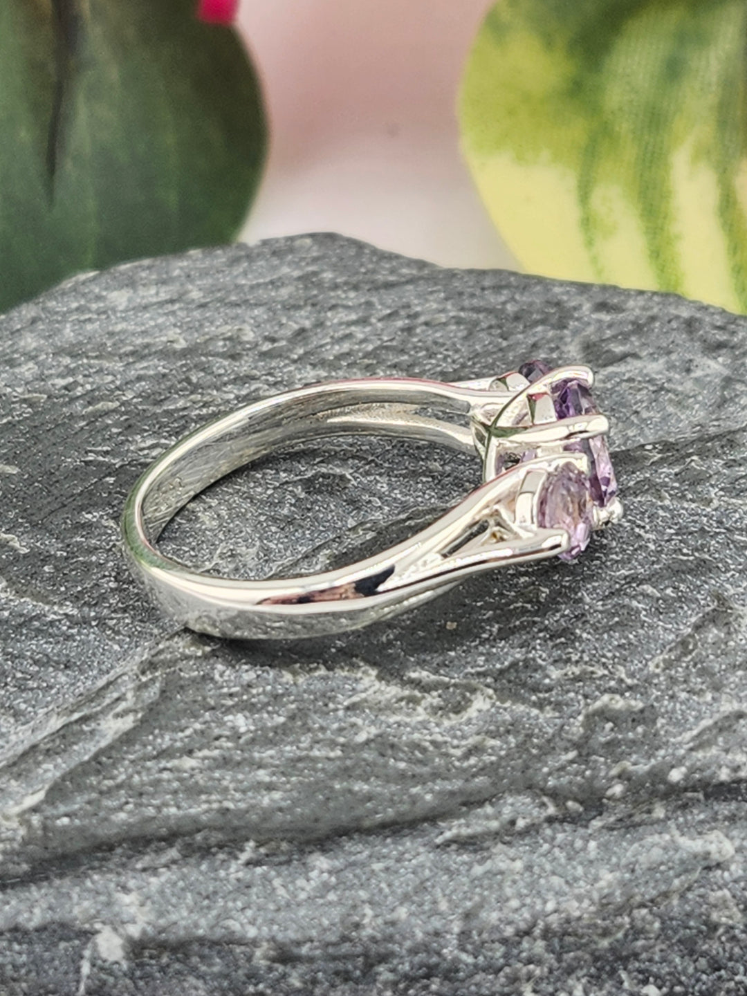 Three Stone Amethyst and 925 Sterling Silver Ring - Size 5.5
