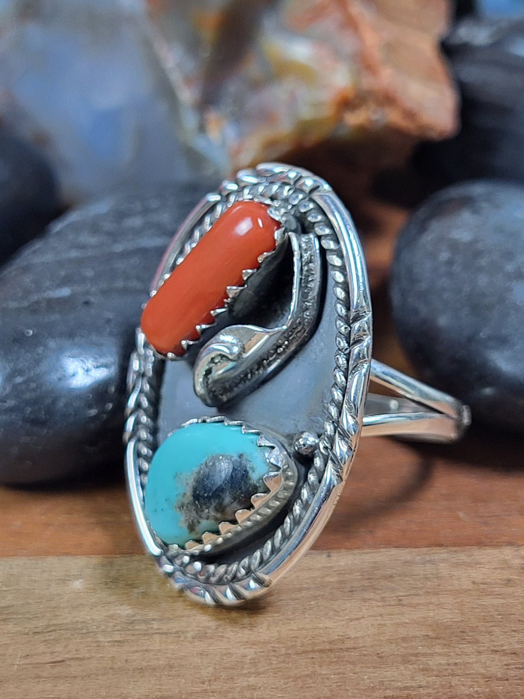 Natural Coral and Turquoise Ring Sterling Silver Size 7 1/2