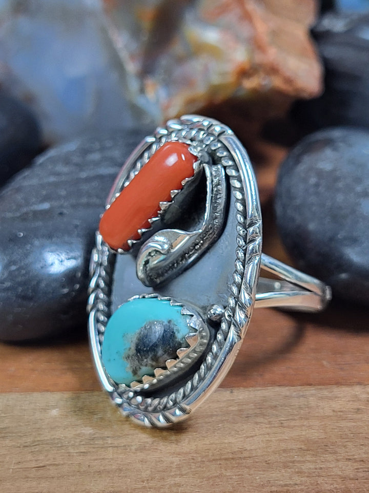 Natural Coral and Turquoise Ring Sterling Silver Size 7 1/2