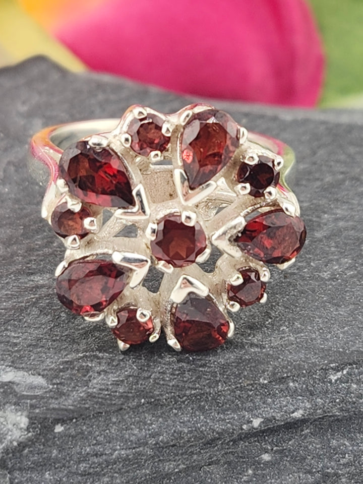 Cluster Garnet Flower Ring Size 8