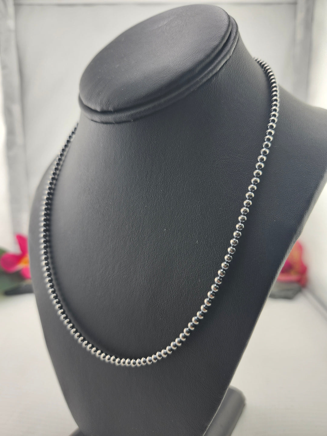 3mm 16"+2" Oxidized 925 Sterling Silver Bead Necklace