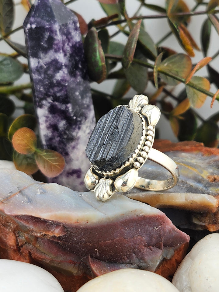 Raw Black Tourmaline 925 Sterling Silver Ring Size 10