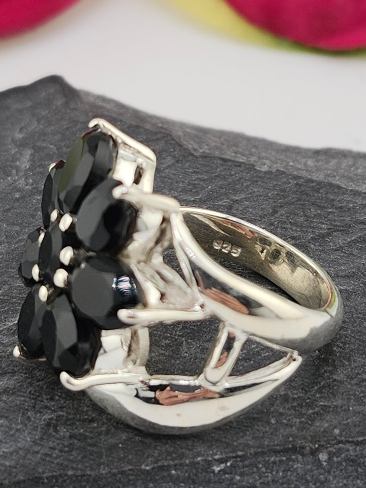 Cluster Black Onyx Flower Ring Size 6