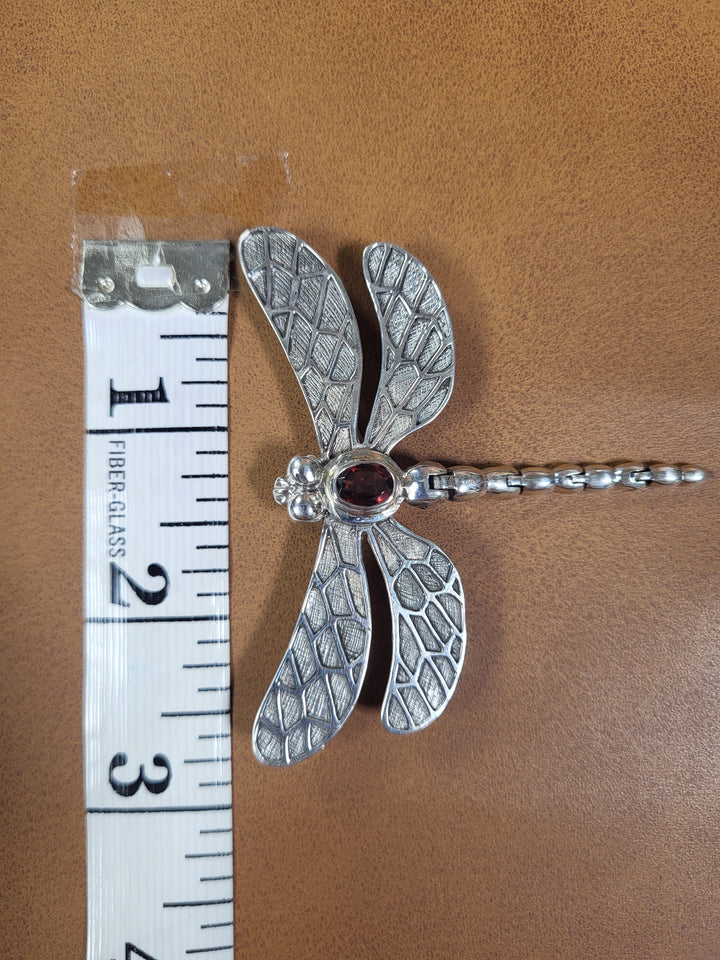 Narural Garnet 925 Sterling Silver Dragonfly with Articulated Tail Pin/Pendant -