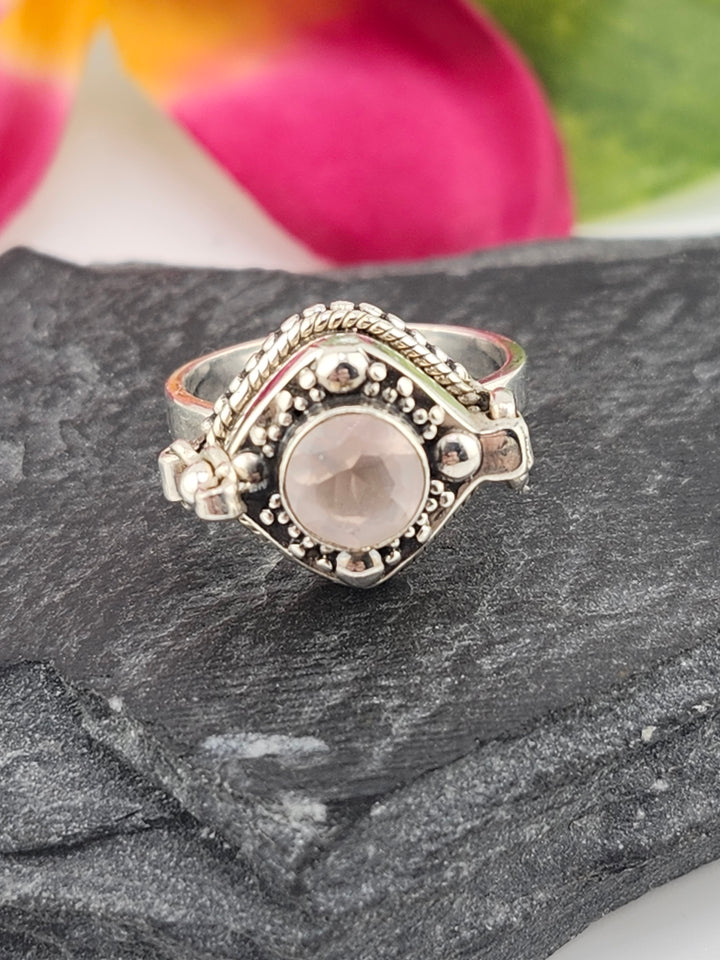 Rose Quartz and 925 Sterling Silver Locket Ring - Size 5.75