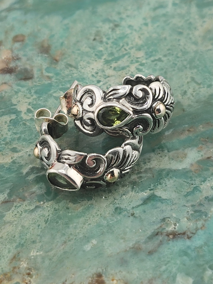 Bali 925 Sterling Silver/18k and Peridot Stud Hoop Earrings