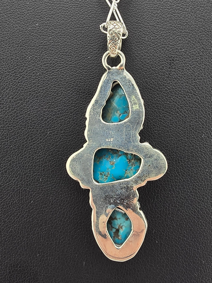 Raw Kingman Turquoise triple stone 925 sterling silver pendant w/ 18" 3mm paperclip Chain