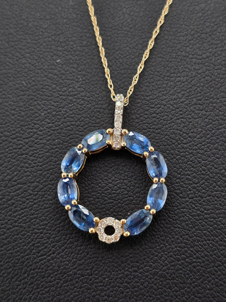 14k Gold Sapphire & Diamond Halo Circle Pendant on 14k Gold 18" Chain
