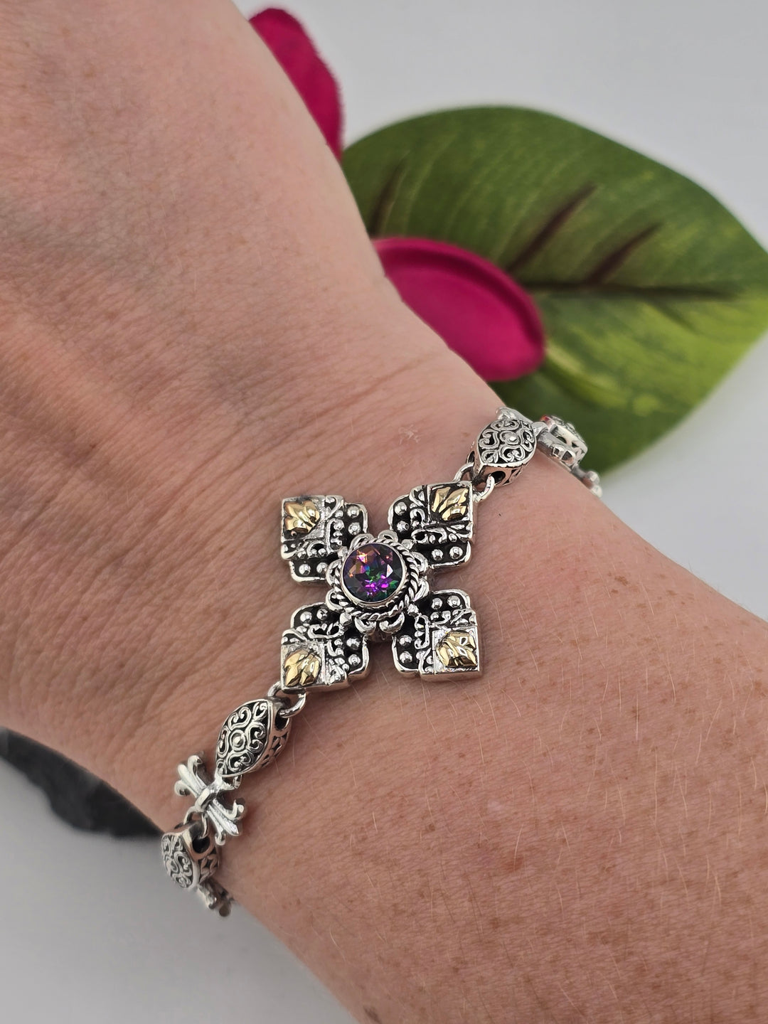 Real Mystic Topaz 925 Sterling Silver and 18k Gold Accented Bali Bracelet Adj 7.5" to 8"