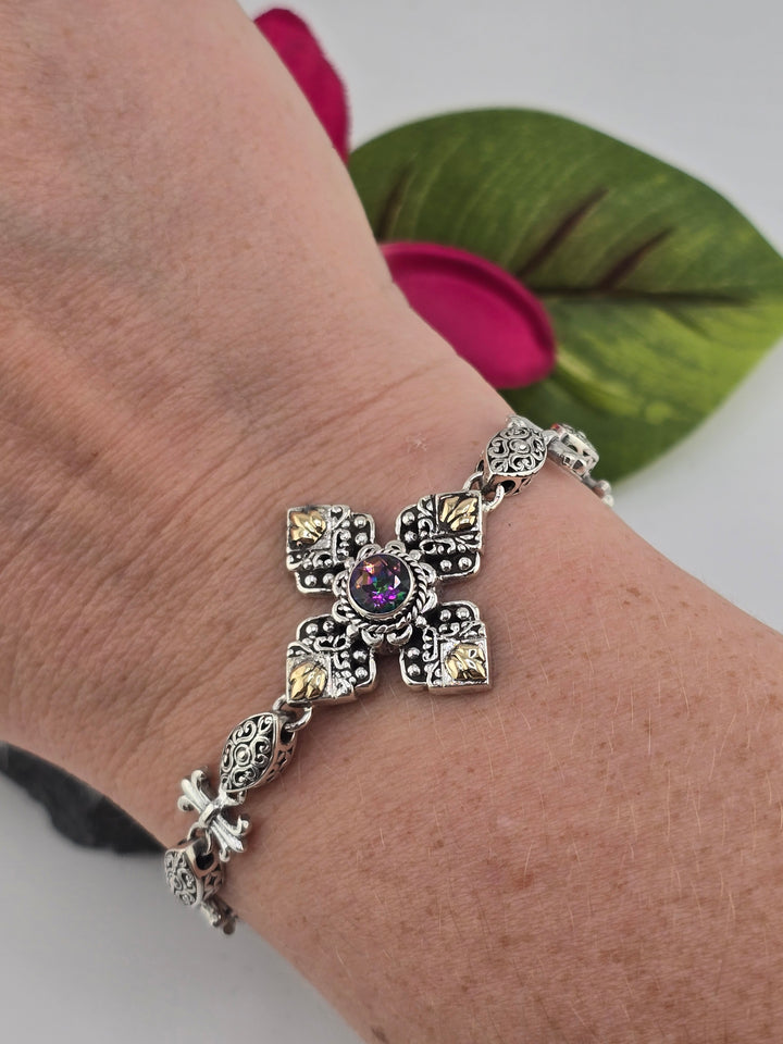 Real Mystic Topaz 925 Sterling Silver and 18k Gold Accented Bali Bracelet Adj 7.5" to 8"