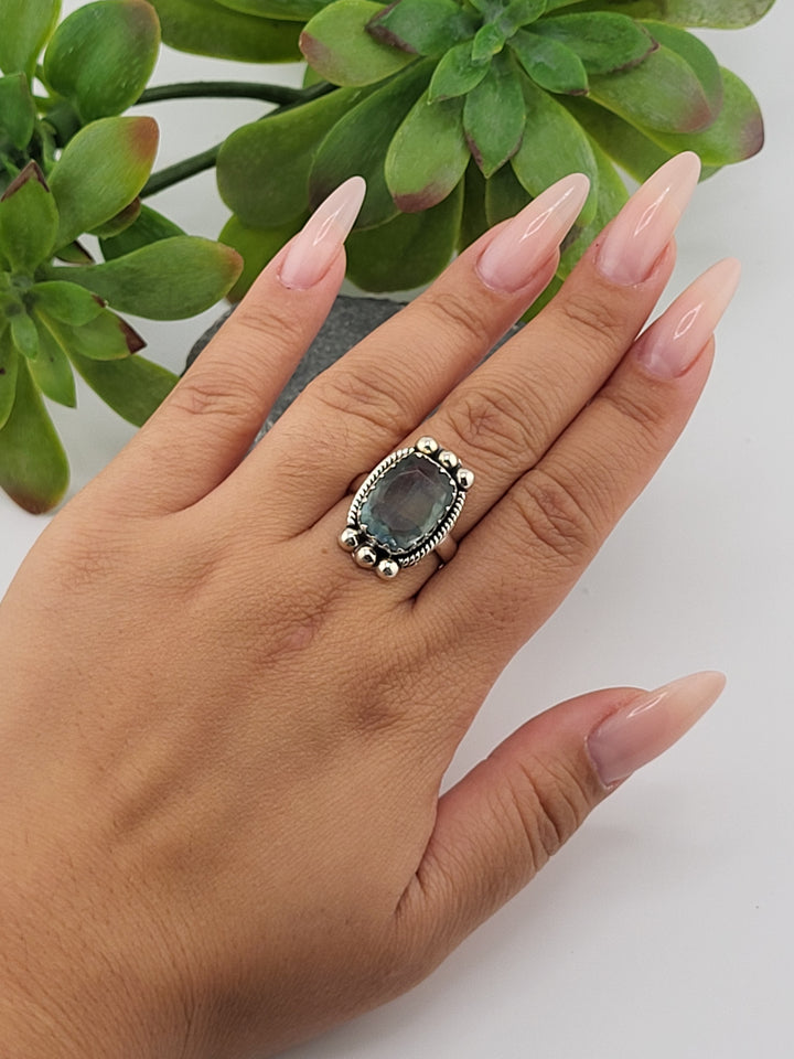 925 Sterling Silver Rectangular Cushion Cut Rainbow Fluorite Ring