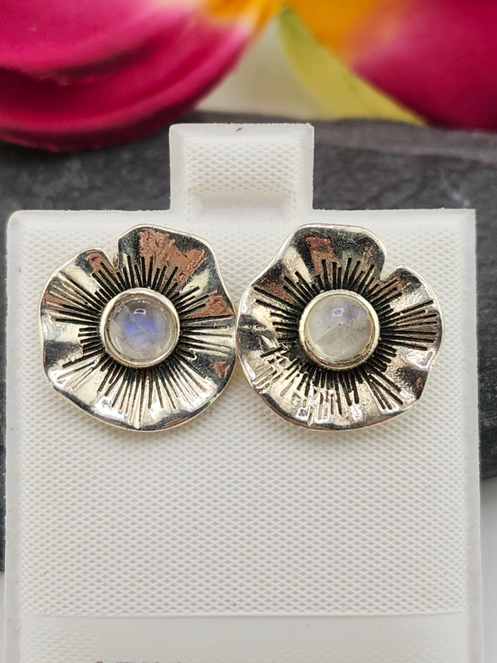 Moonstone Flower & 925 Sterling Silver Stud Earrings