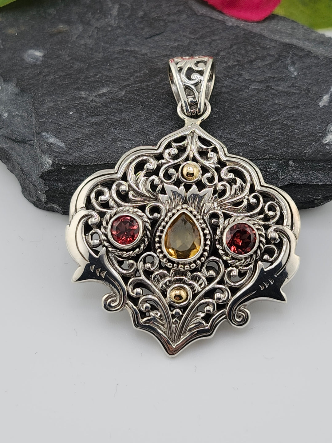 Citrine/Garnet & 18k Accented Bali Pendant
